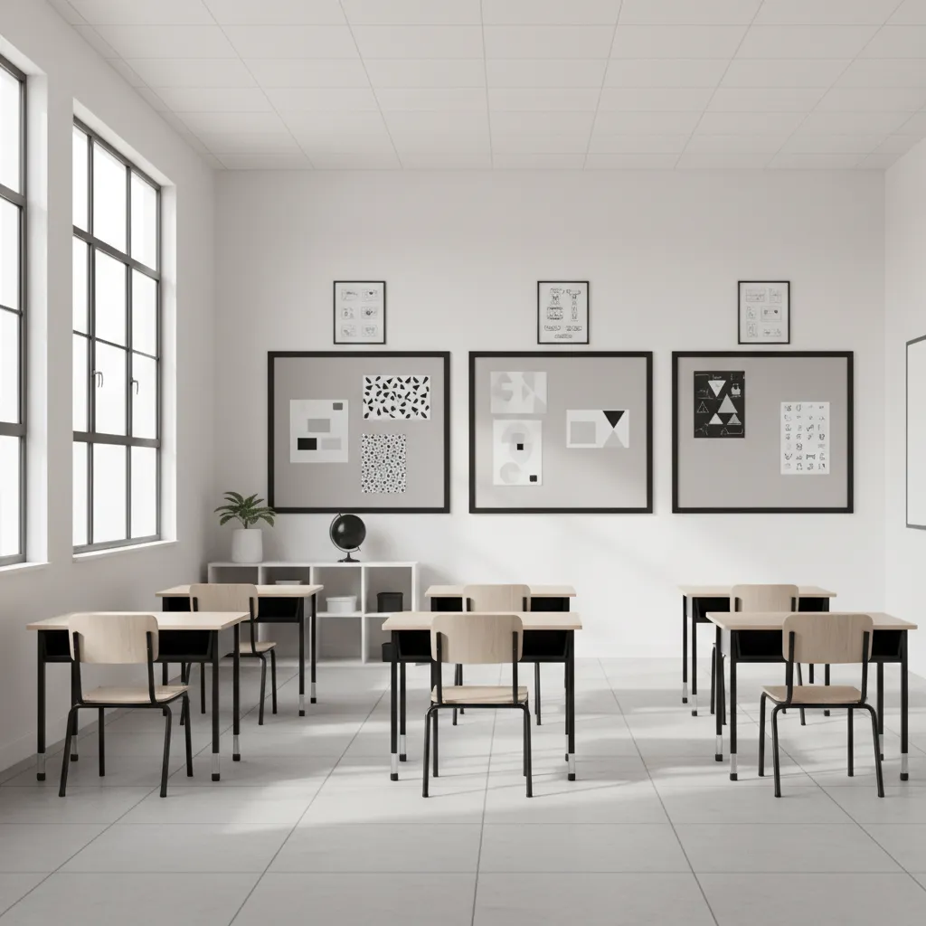 minimalist classroom with black and white decor and simple bulletin boards