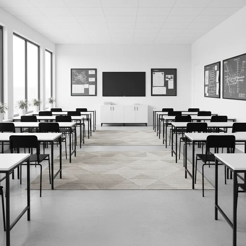 minimalist black and white classroom layout with organized desks and bulletin boards