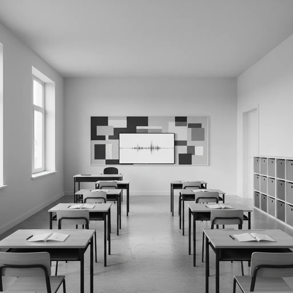 minimalist classroom with black and white decor theme and organized desks