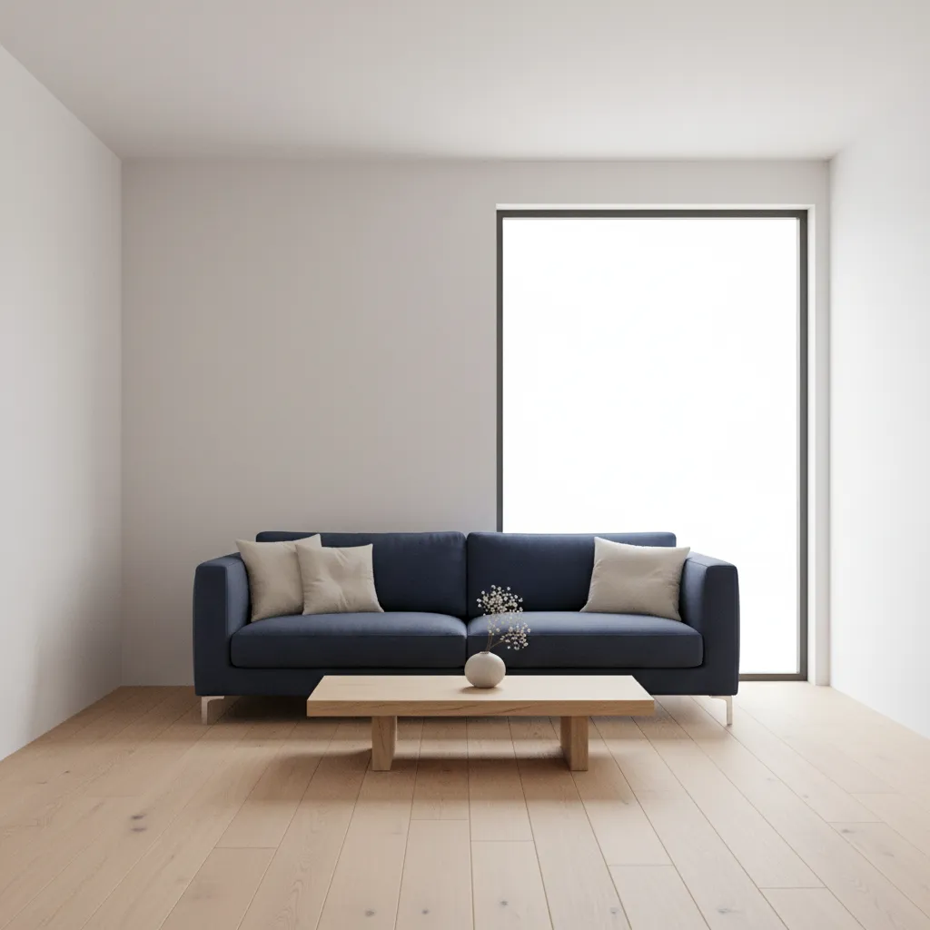 minimalist living room with light oak floor and navy sofa