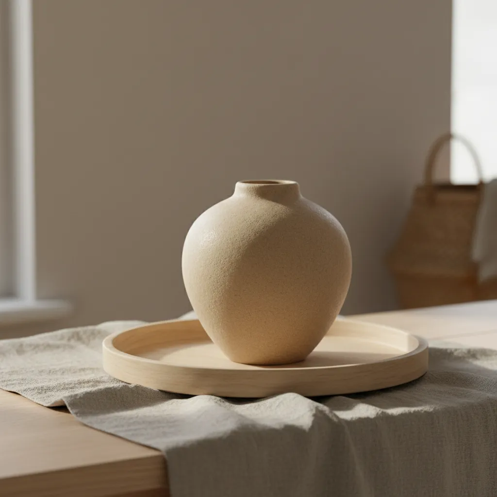 Close-up of minimalist ceramic vase and neutral decor items on wooden table