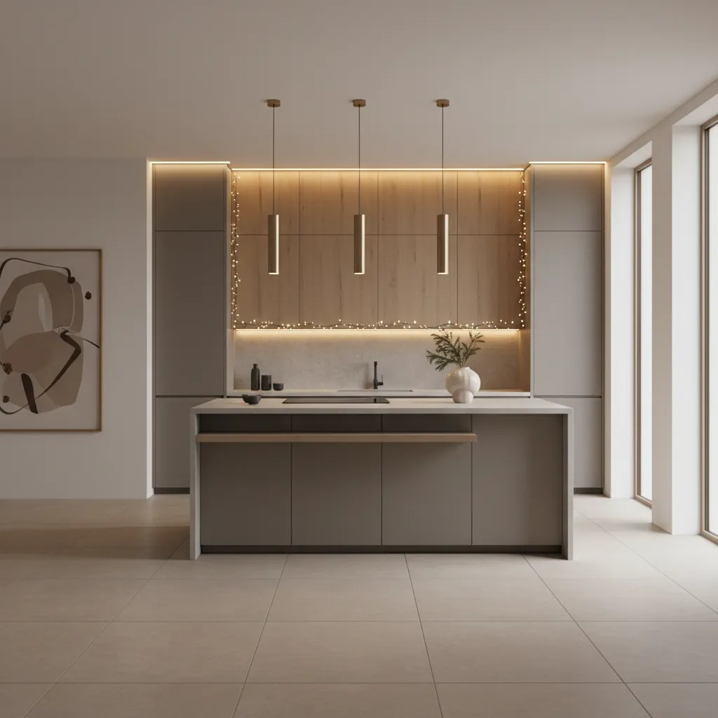 minimalist christmas lighting along modern kitchen cabinets