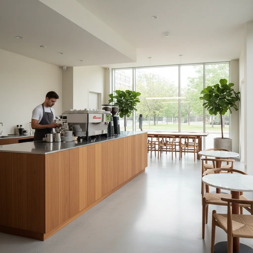 minimalist coffee shop interior showing clean counter layout and barista workspace
