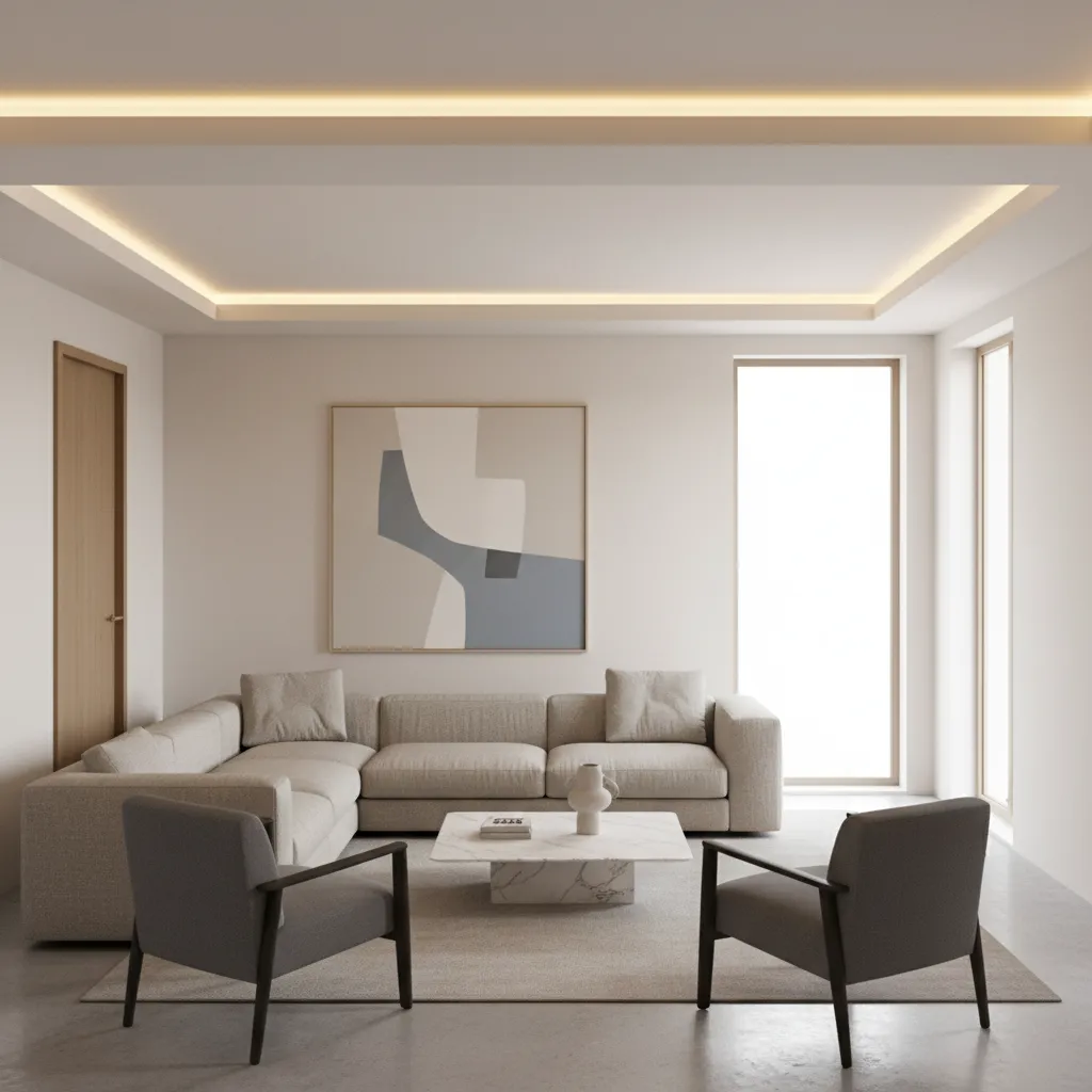 Living room with minimalist perimeter false ceiling and LED strip lighting