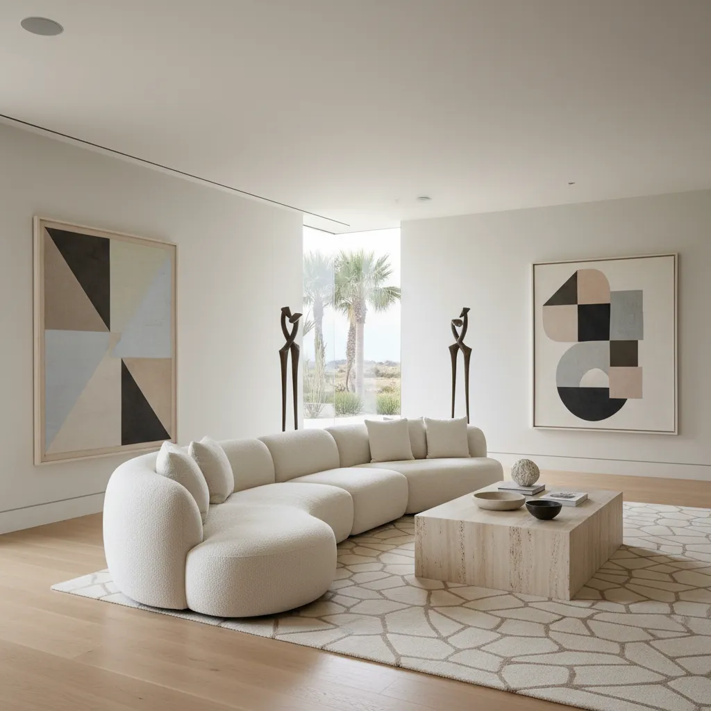 Salón minimalista con arte contemporáneo y muebles escultóricos