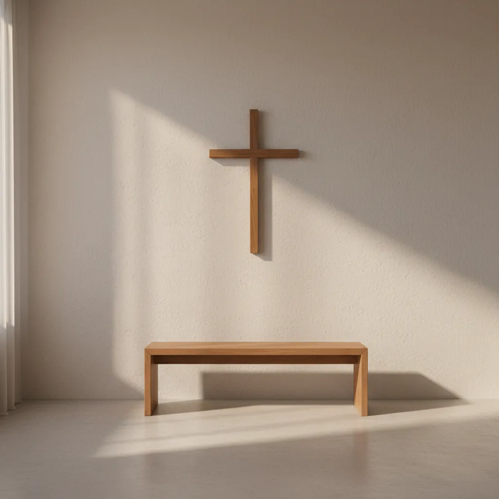 minimalist prayer room with wooden bench soft lighting and cross