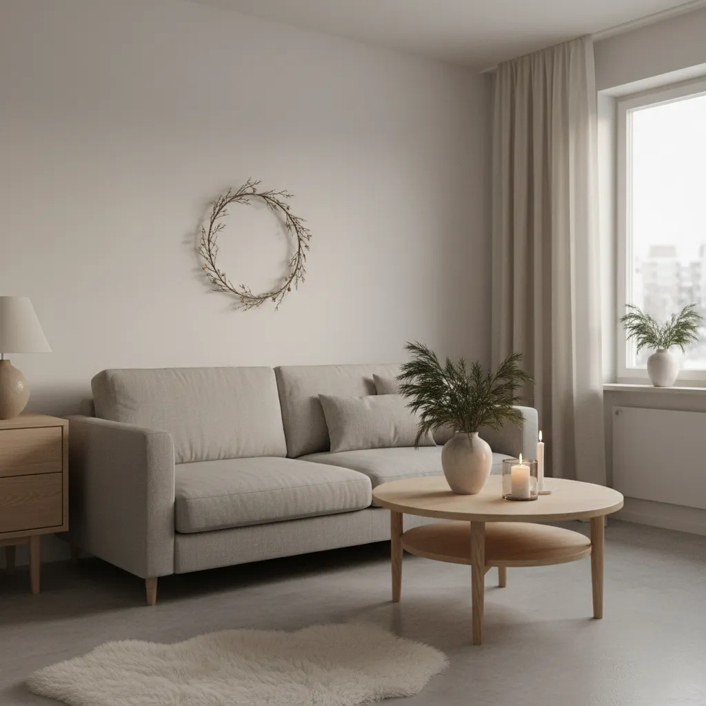 Minimalist Christmas decor with candles and greenery in small apartment