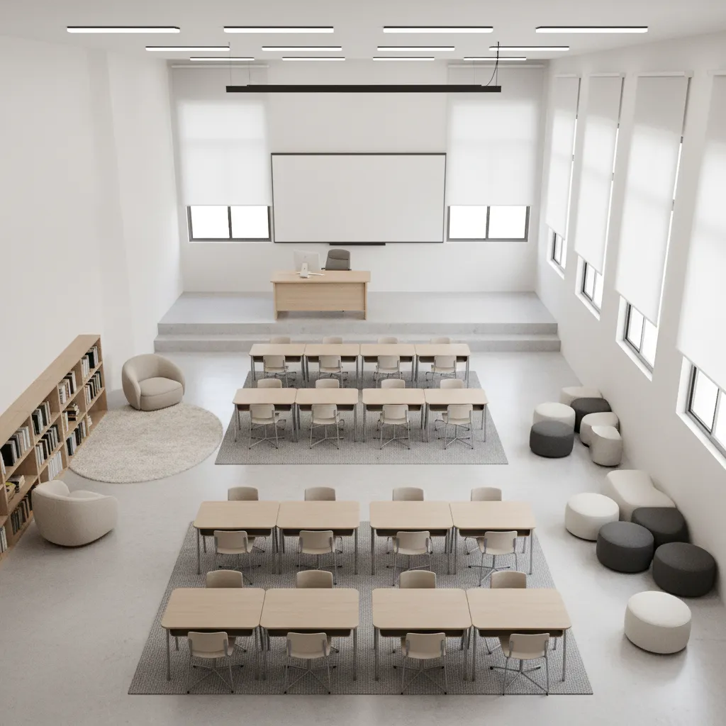 simple classroom layout plan showing desk zones and teaching area