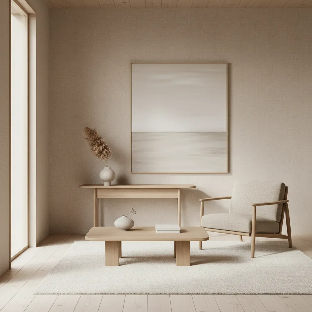 Interior minimalista con tonos beige y madera clara