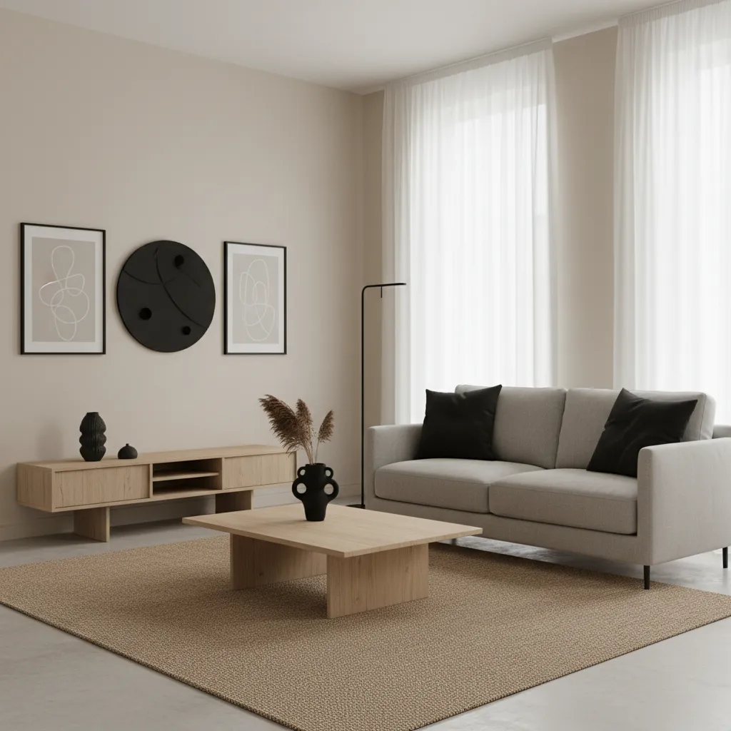 Interior minimalista con paleta de colores neutros y acento oscuro