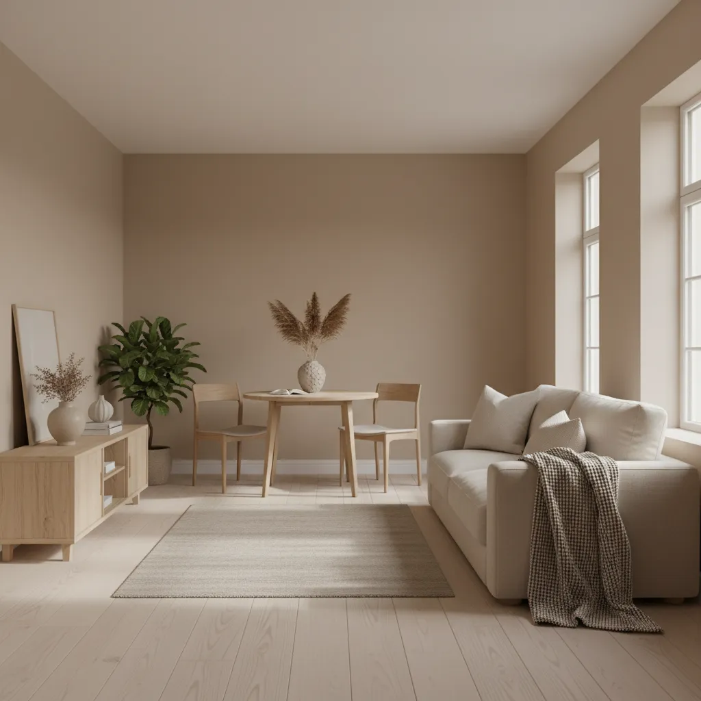 Interior minimalista con paleta de colores neutros y madera clara