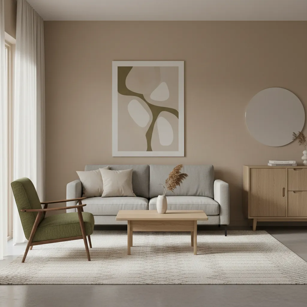 Sala minimalista con paleta neutra y acento verde oliva