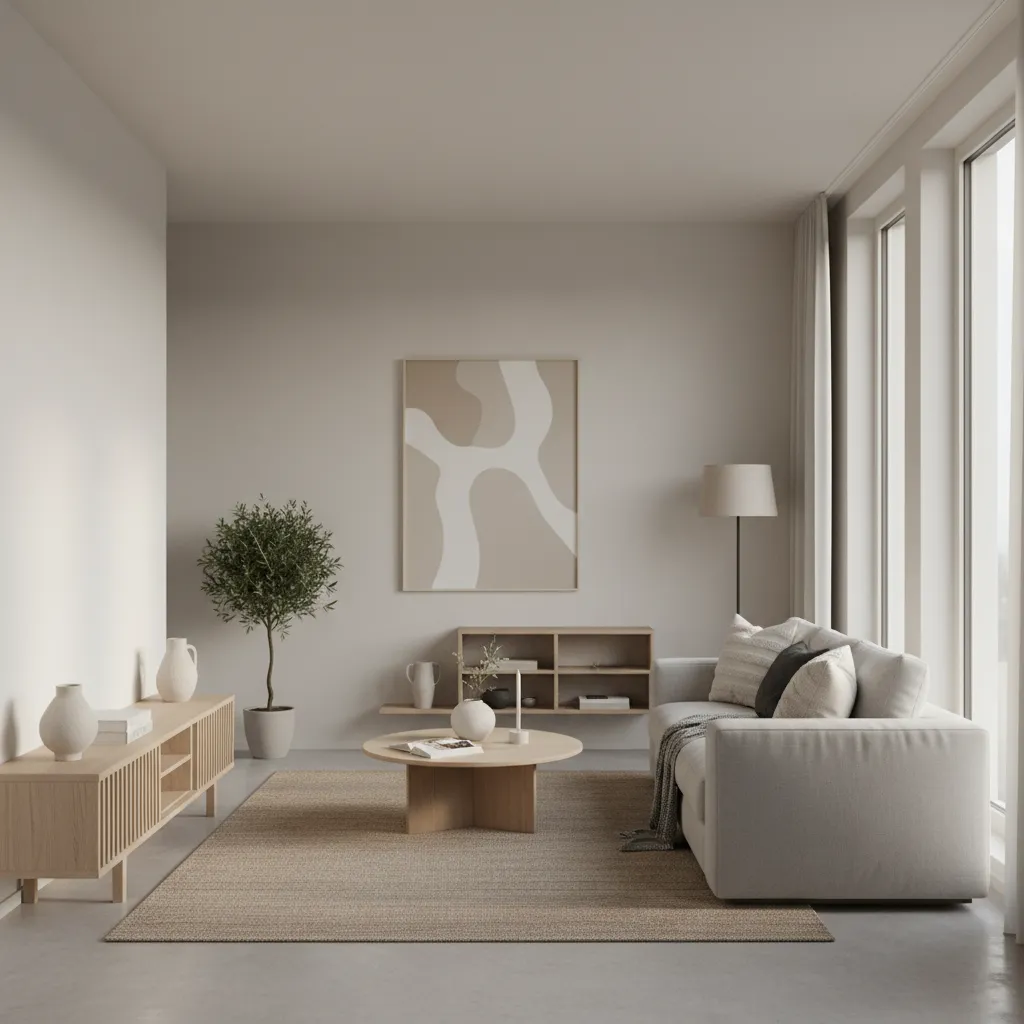 Minimalist living room with beige sofa round wooden coffee table brown rug and abstract art