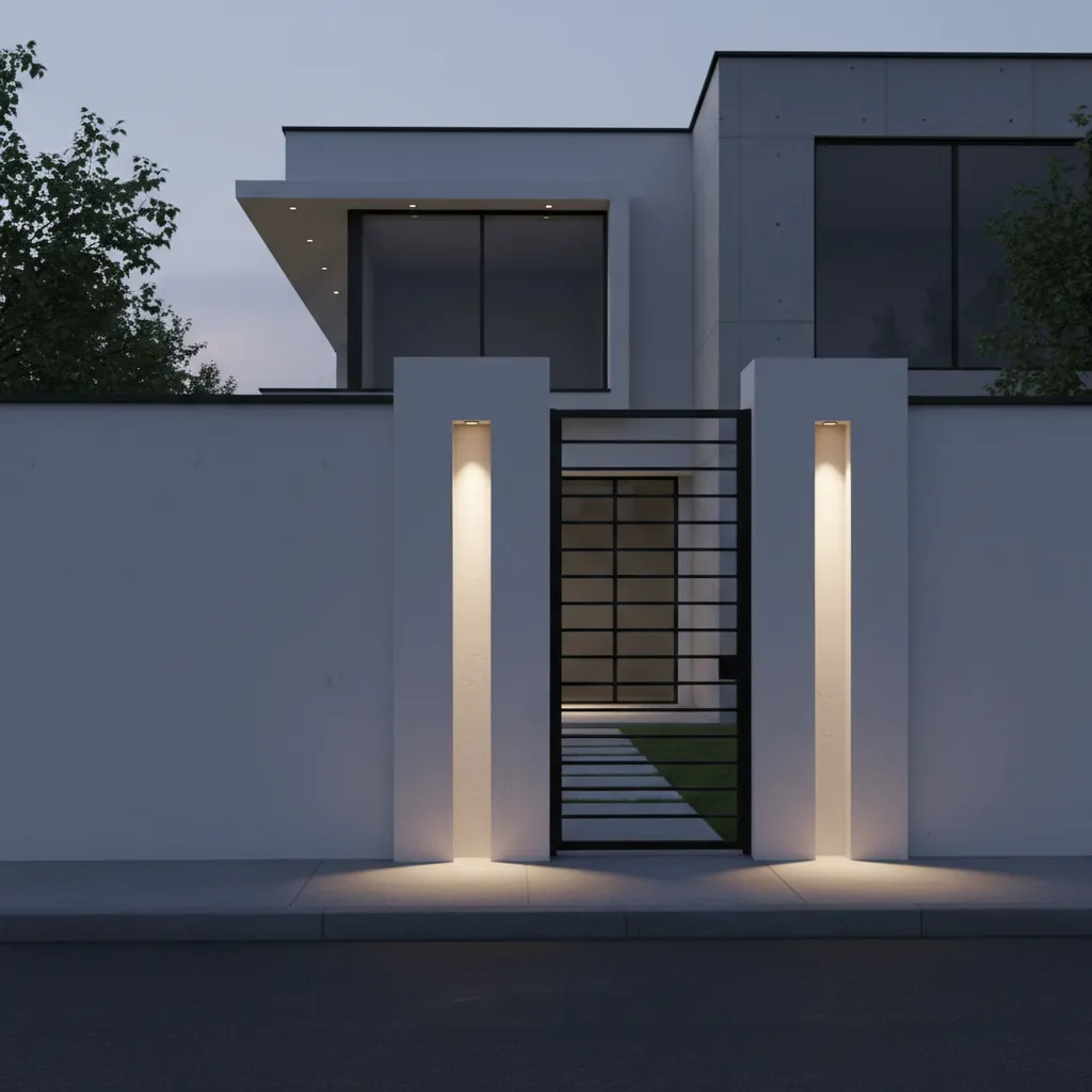 Minimalist compound wall with smooth plaster finish and subtle lighting