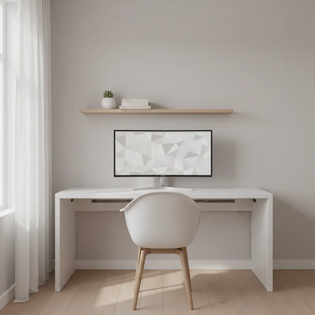 Minimalist computer room with clean desk setup and neutral colors