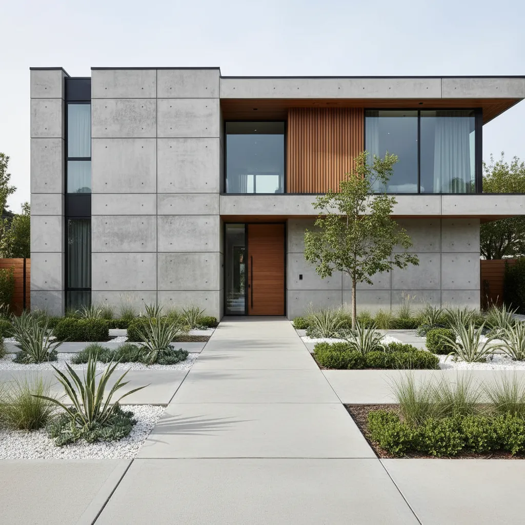 Banqueta minimalista de concreto frente a una casa moderna