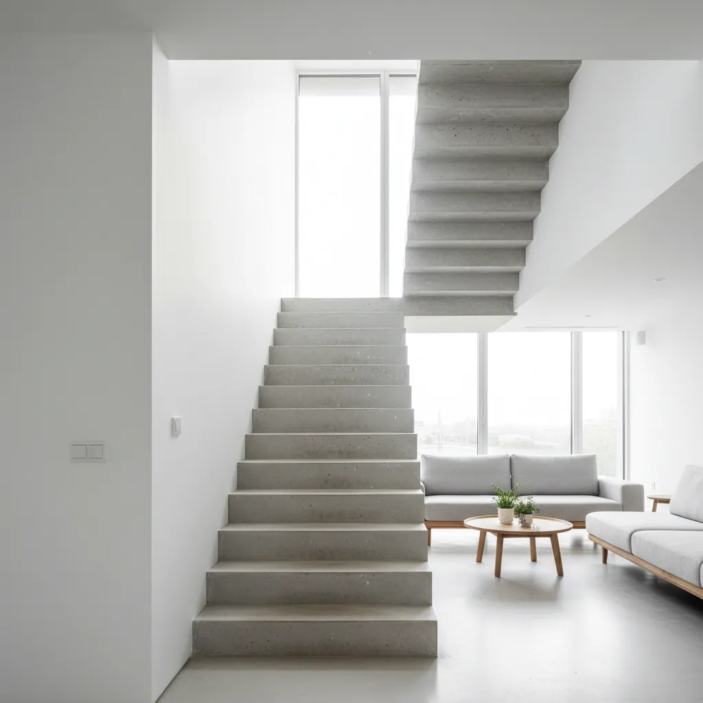 Minimalist living room with concrete stairs grey sofa wooden table white walls and natural light