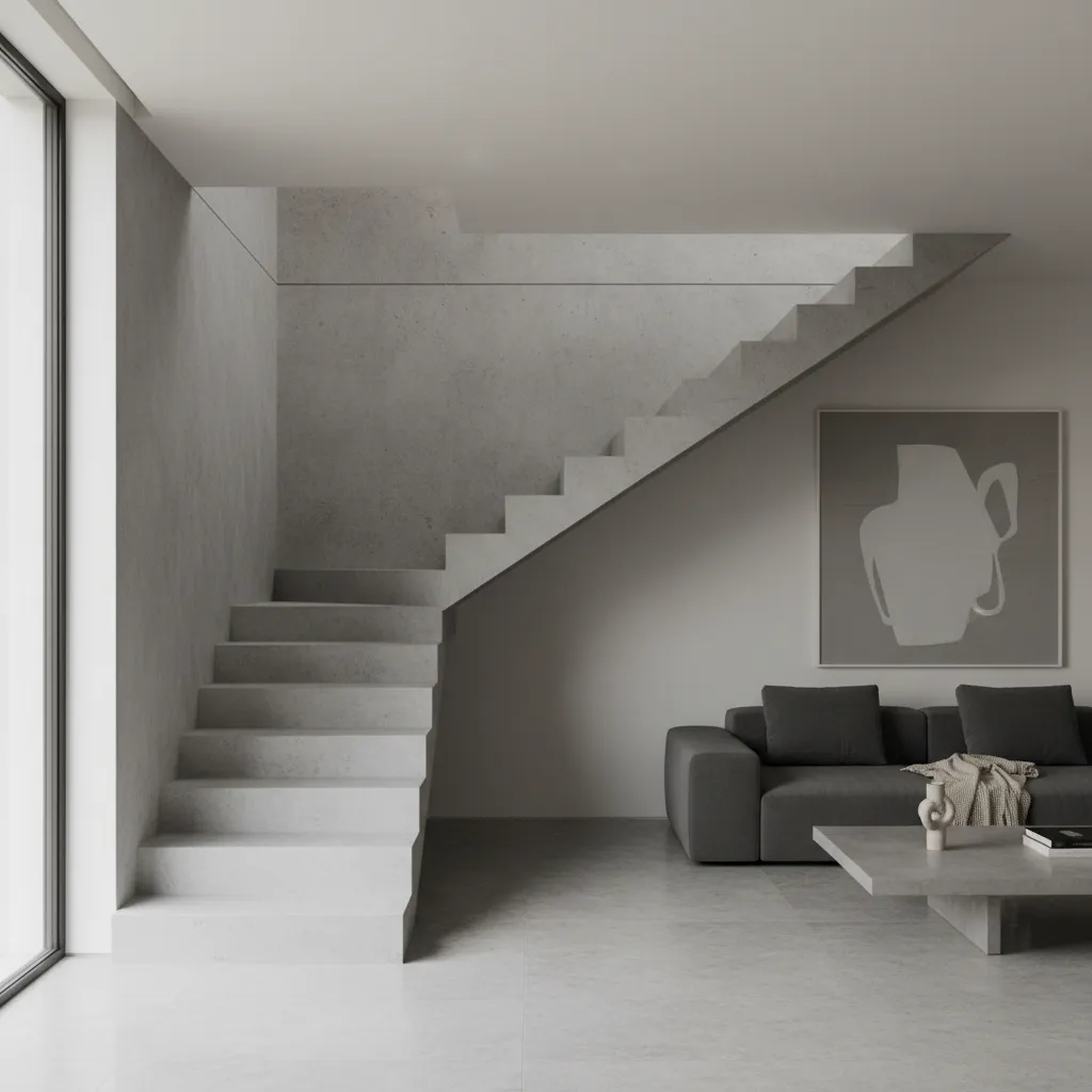 Escalera interior de hormigón minimalista integrada en un salón moderno