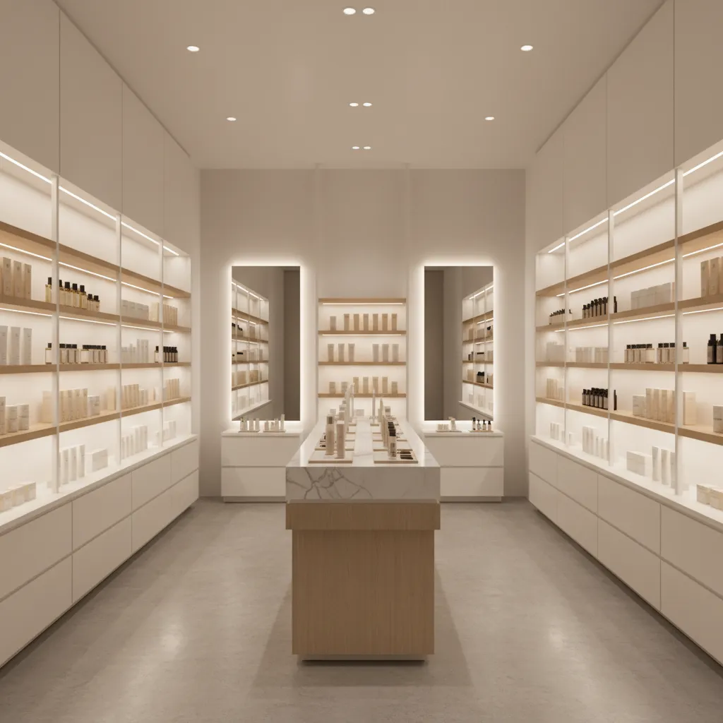 minimalist cosmetic shop interior with white display shelving and clean beauty product arrangement