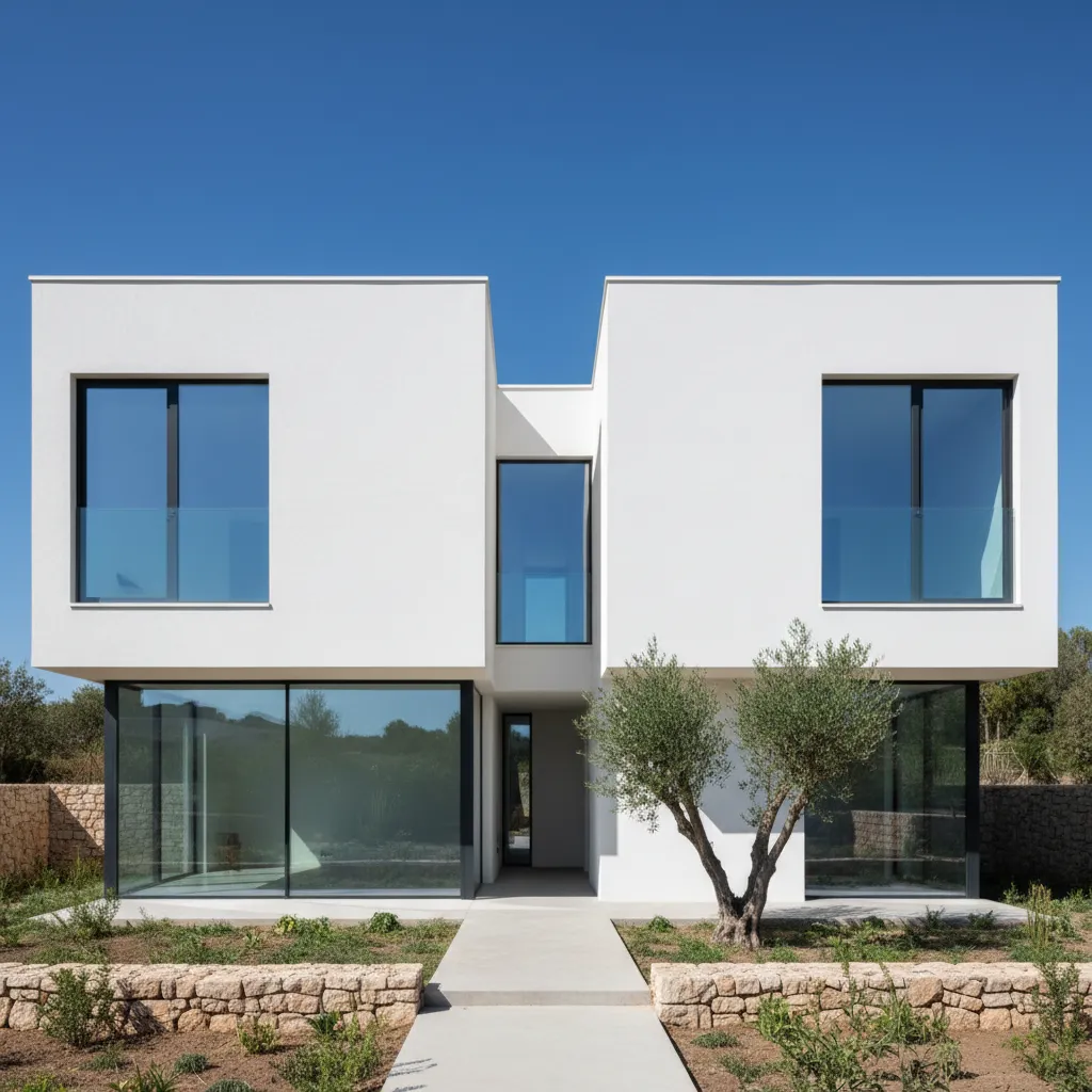 Casa minimalista con volúmenes cúbicos blancos y diseño arquitectónico limpio