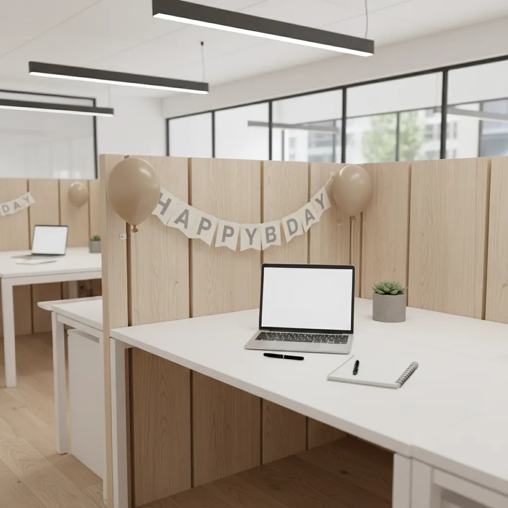 minimalist cubicle birthday decoration with simple banner and two balloons