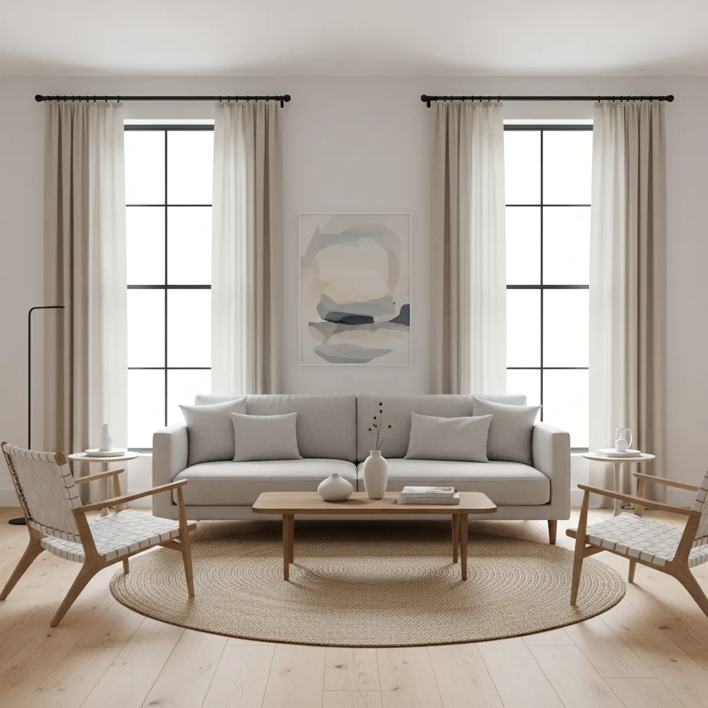 Minimalist metal curtain holdback used in modern small living room window