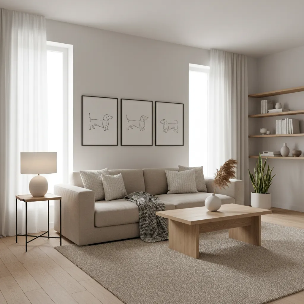 Minimalist interior with black line dachshund wall art and neutral decor