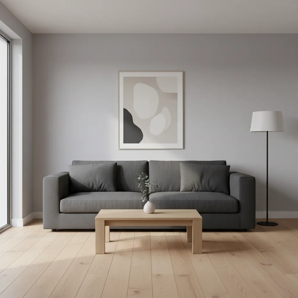 minimalist living room with dark furniture and light walls