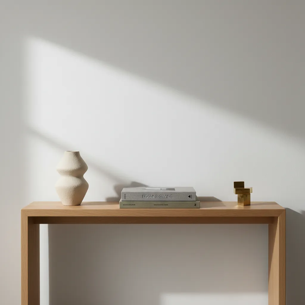 Composición minimalista de objetos decorativos en una consola