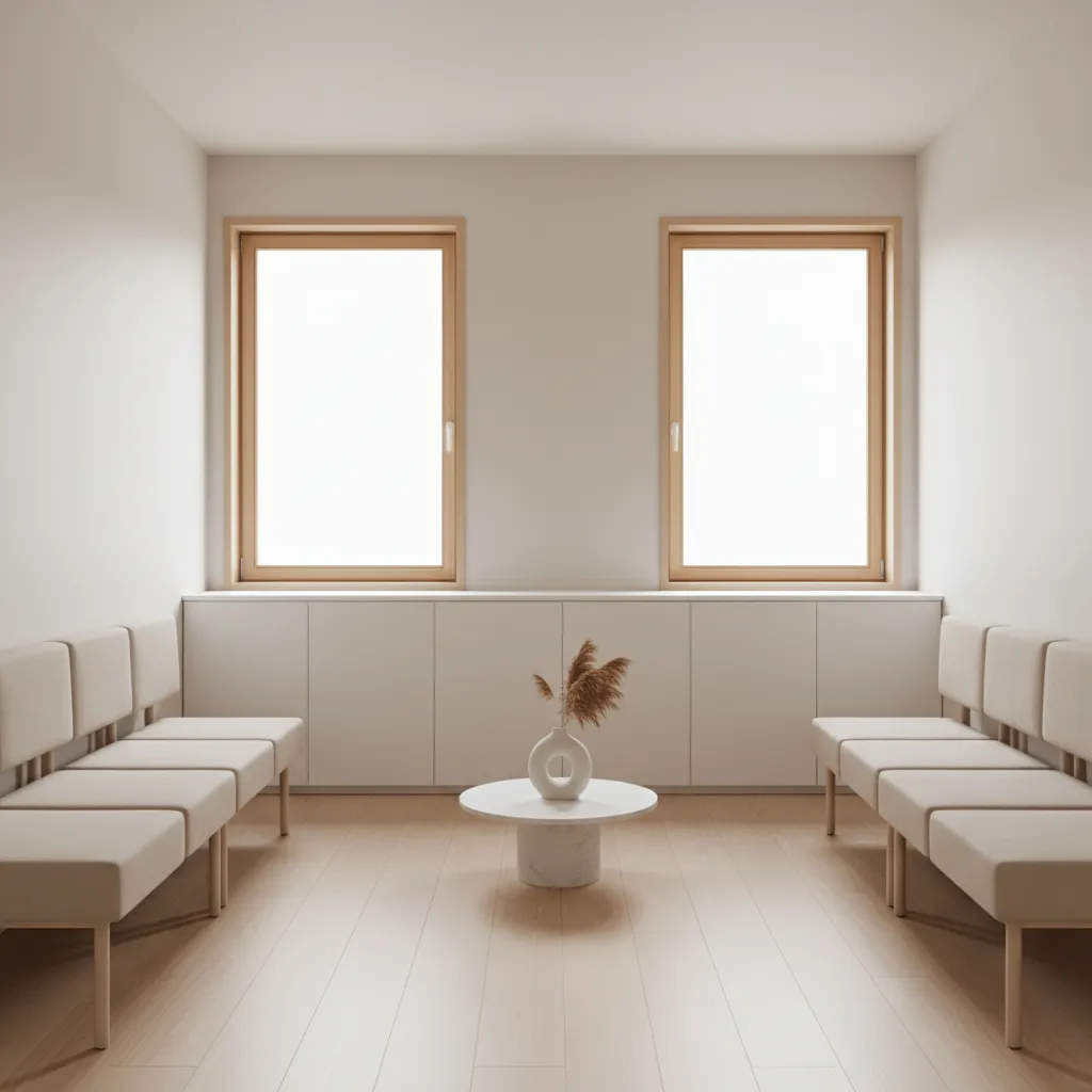 Minimalist dental clinic waiting area with neutral colors and simple furniture