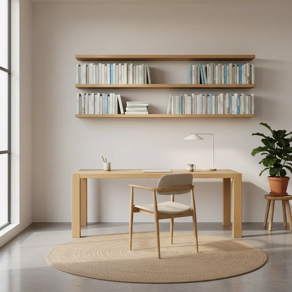 Minimalist desk with wall mounted bookshelves in home office