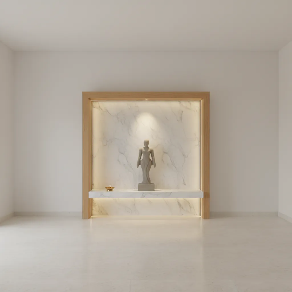 Minimalist Devara Mantapa with marble backdrop and subtle lighting