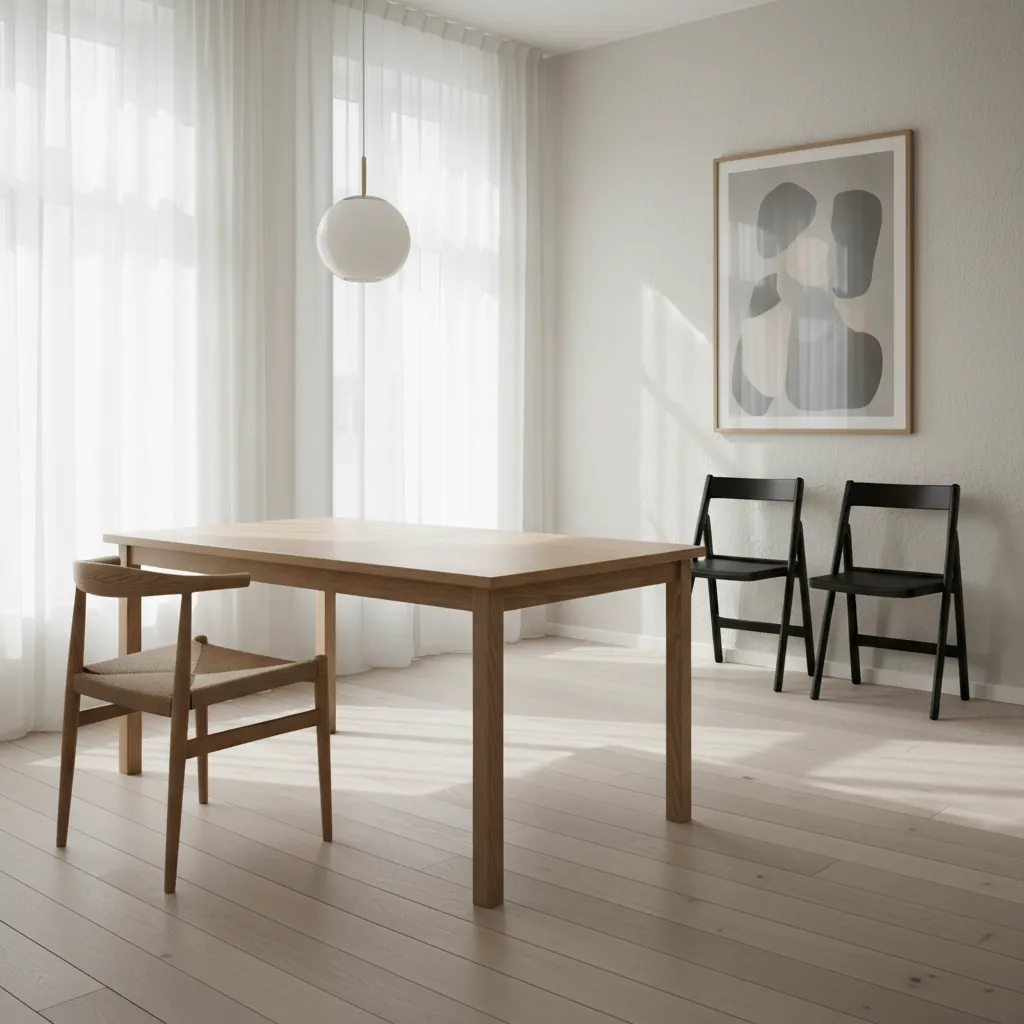Comedor minimalista con dos sillas fijas y sillas plegables adicionales
