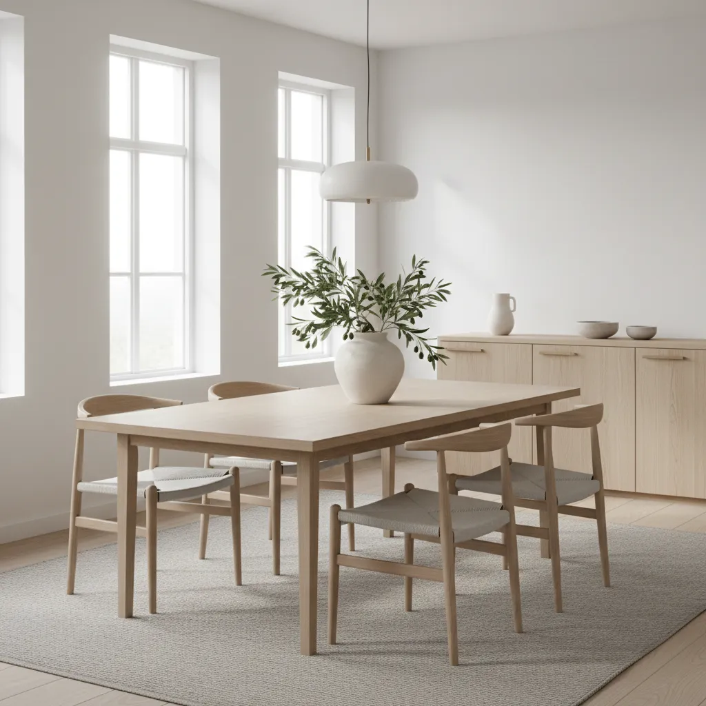 minimalist dining table with ceramic vase centerpiece