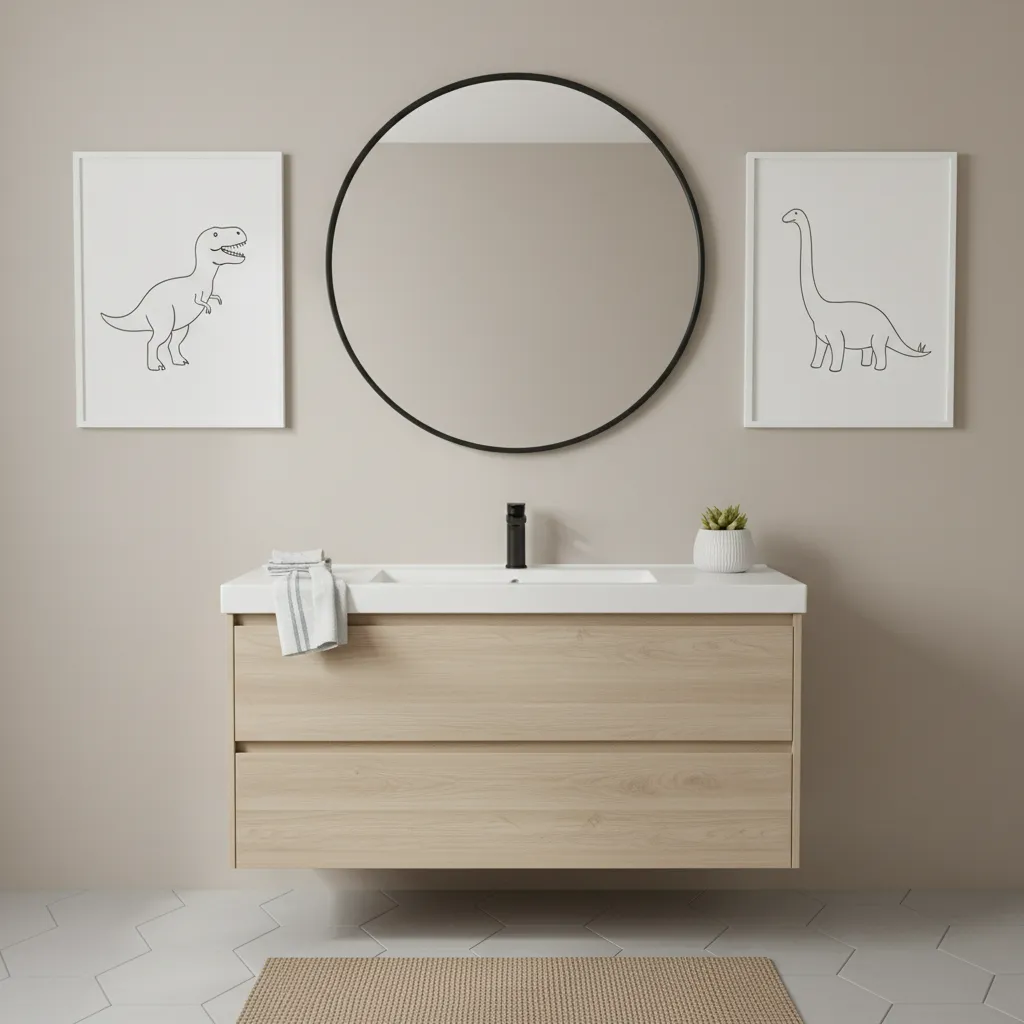 minimal dinosaur wall art above bathroom vanity