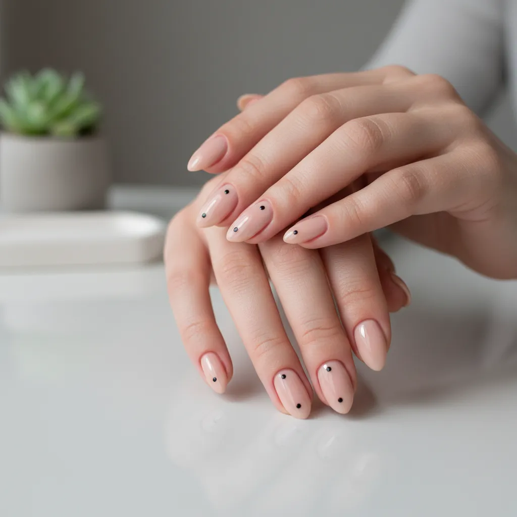 Diseño de uñas minimalista con puntos negros sobre base nude