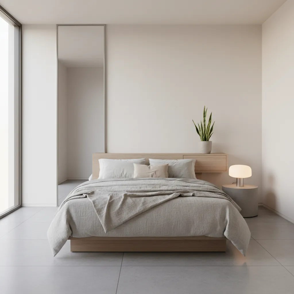 minimalist bedroom featuring sleek over the door mirror and simple decor