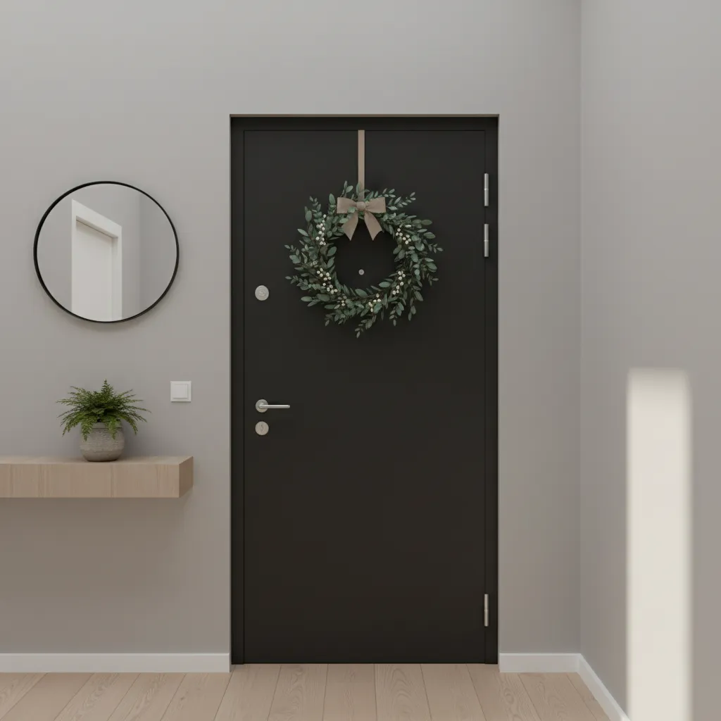 minimalist wreath focal point on small apartment entry door