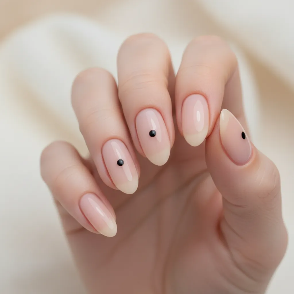 Uñas nude con pequeños puntos negros minimalistas