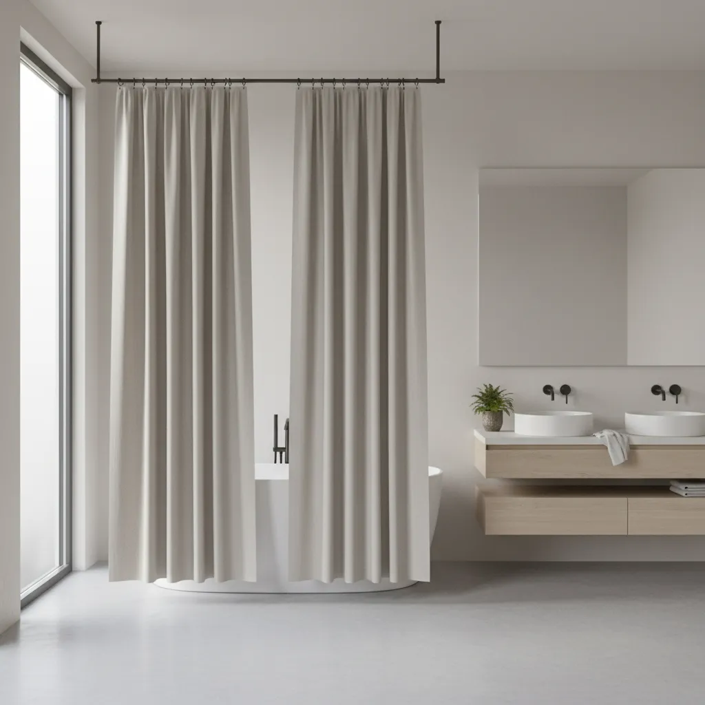 Minimalist bathroom styling with simple double shower curtain rings and neutral palette