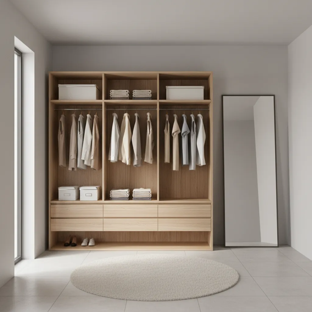 Simple modern dressing room with open shelving and mirror