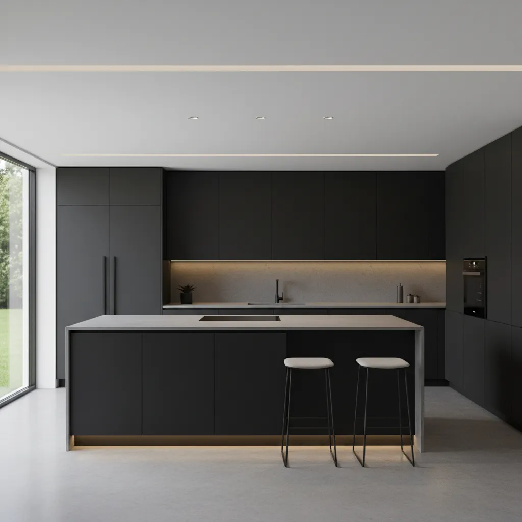 Minimalist dark kitchen cabinets with hidden edge pull hardware