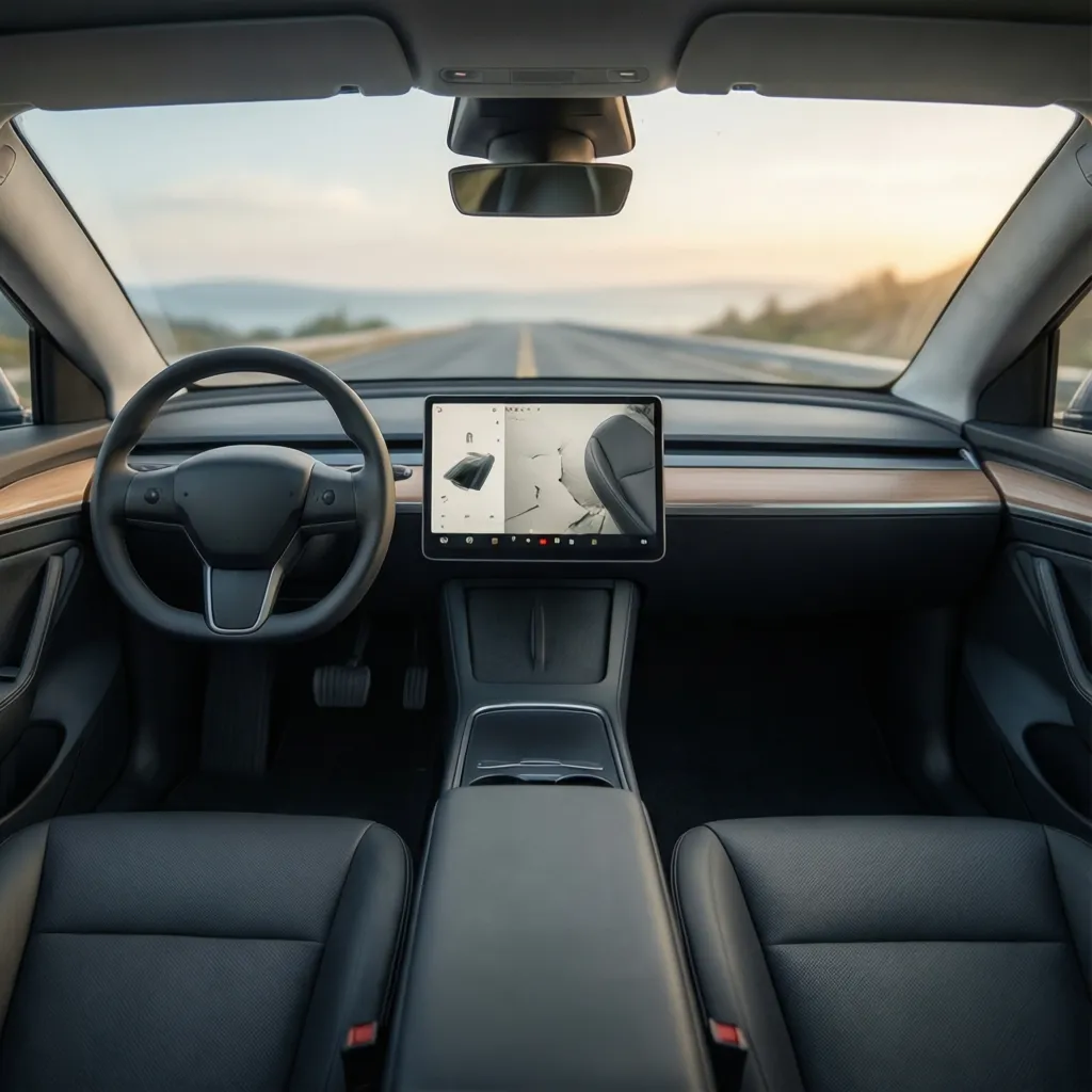 Interior minimalista de coche eléctrico con gran pantalla central