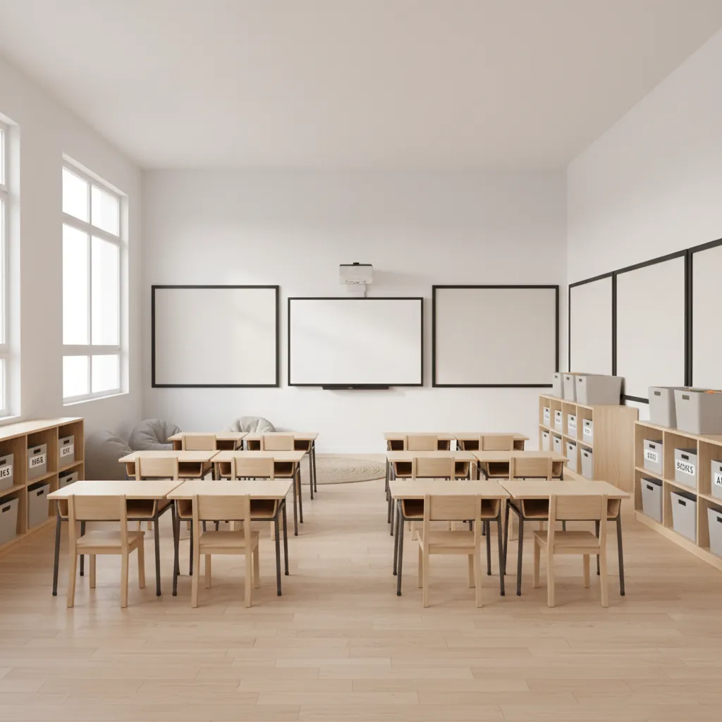 Simple elementary classroom with minimalist decor and organized desks