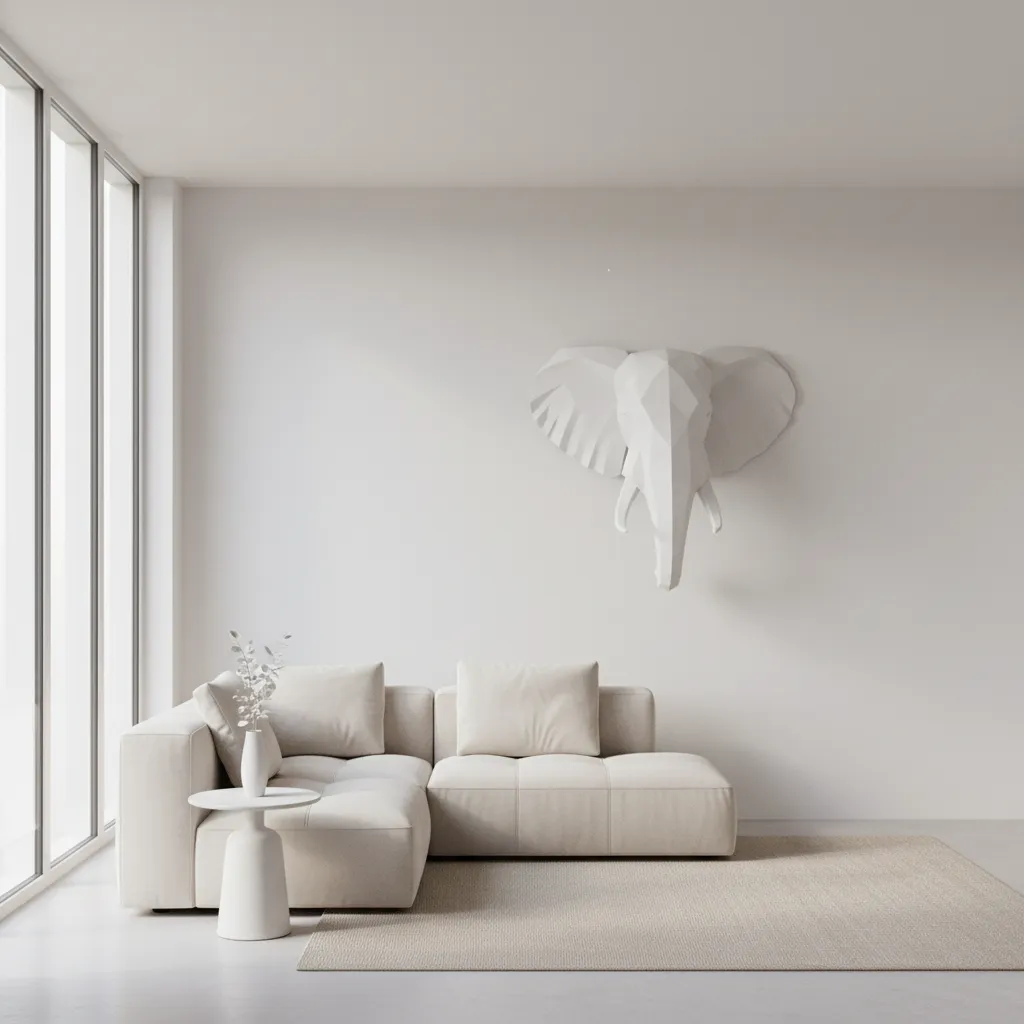 Minimalist room with white elephant head wall sculpture