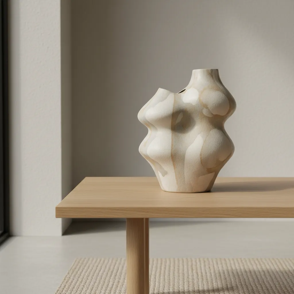 Jarrón escultórico moderno sin flores sobre una mesa