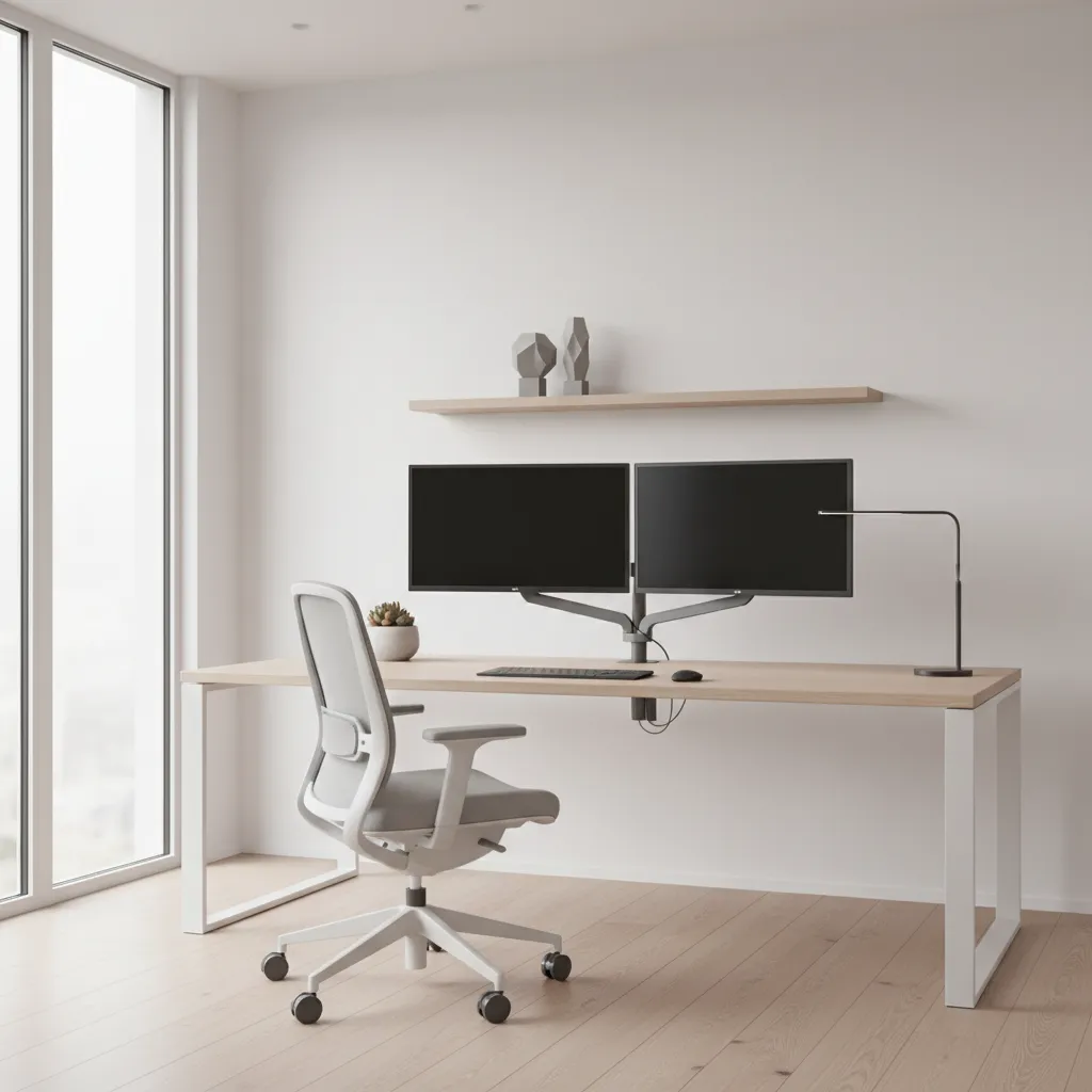 minimalist engineer workspace with clean desk dual monitors and neutral colors