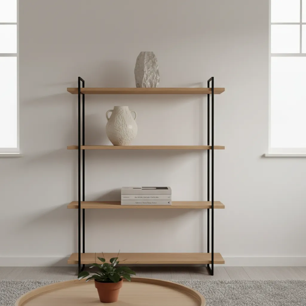 Minimalist styled etagere shelf with large decor objects and negative space