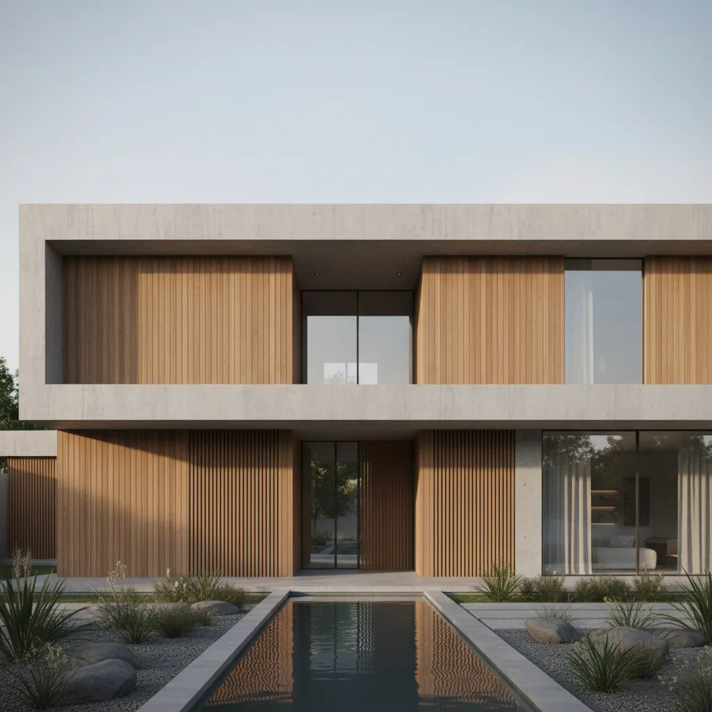 Fachada minimalista con hormigón y madera natural