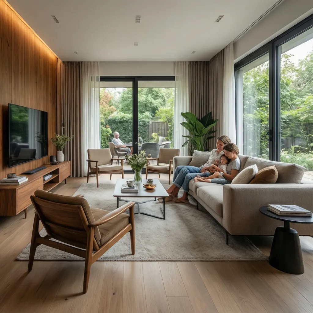 Minimalist living room featuring wooden wall panels, family on sofa, large windows, and garden views